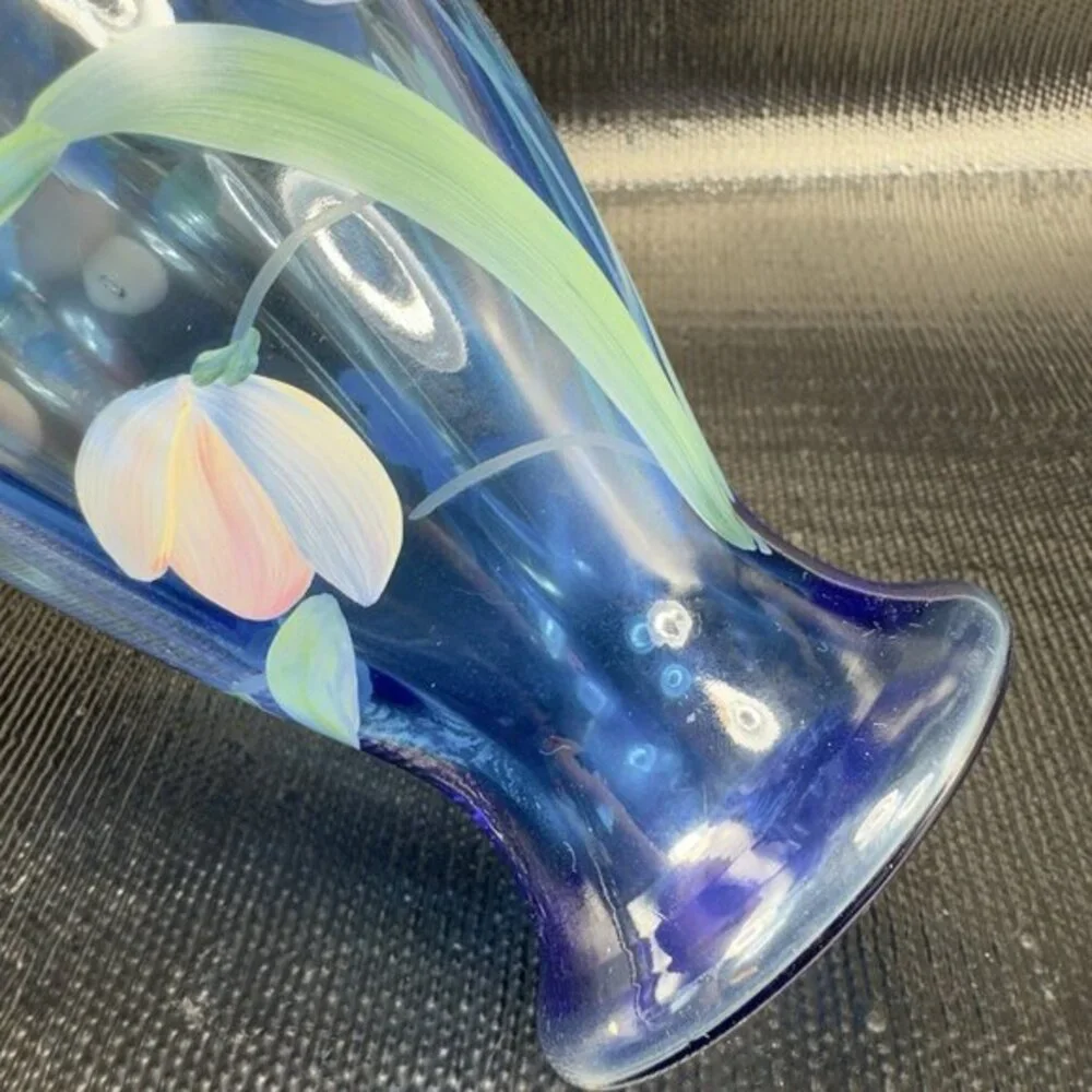 Vintage Fenton Art Glass Vase‎ Vessel Blue Hand Painted Flowers W Sticker Vase